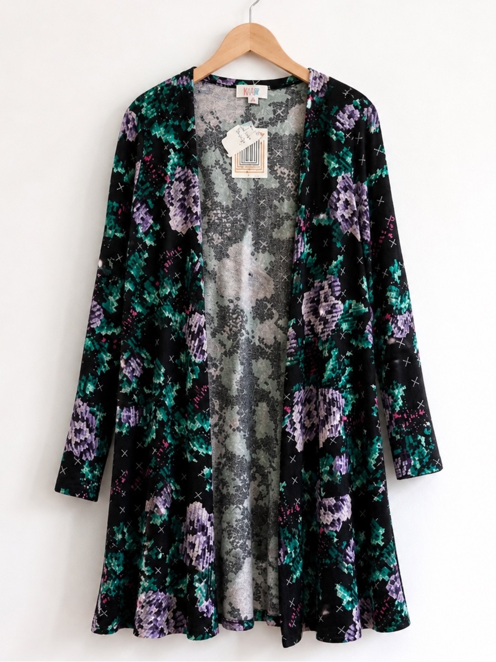 Lularoe Floral Longline Cardigan Duster Spring Sweater Black Teal Purple XS